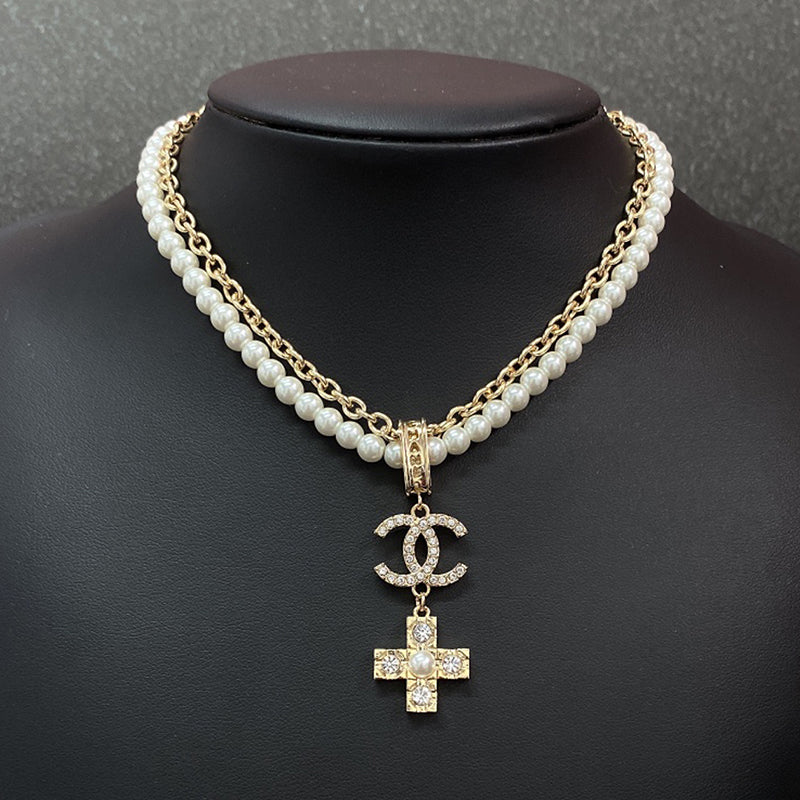 Chanel Cross Diamond Pearl Chain 18K Gold Necklace