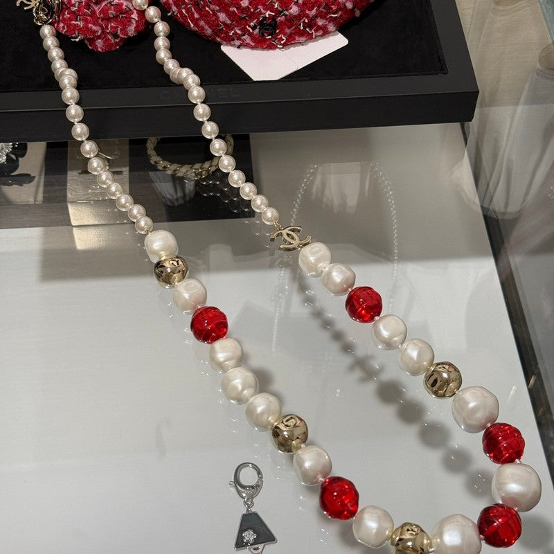 Chanel Red Crystal Pearl 18K Gold Necklace
