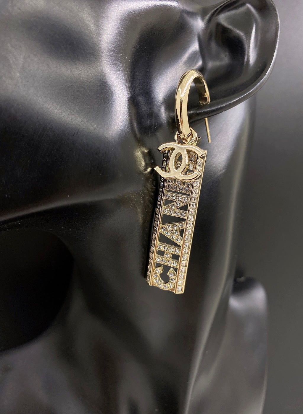Chanel Crystals Long Letter 18K Gold Earrings
