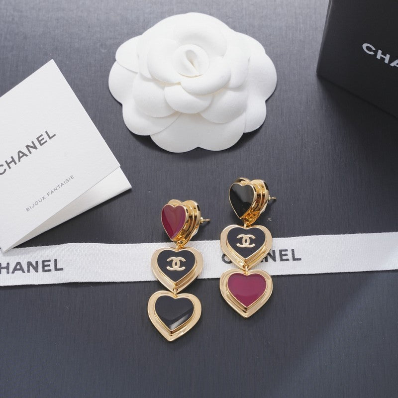 Chanel Black & Red Heart Gold Long 18K Gold Earrings