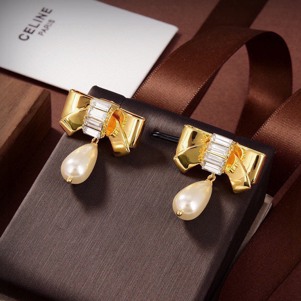 Celine Butterfly Pearl Pendant 18K Gold Earrings
