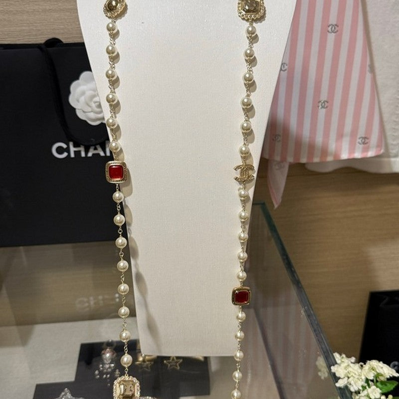 Chanel Long Pearl Red Crystals 18K Gold Necklace